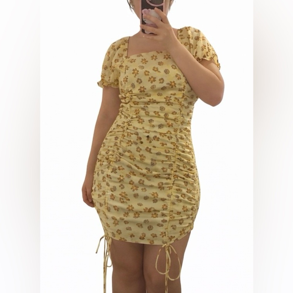 Butter Yellow Floral Ruched Mini Dress Puff Sleeve Cottagecore